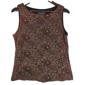 Alex Evenings Brown & Gold Paisley Sleeveless Top Size XL Boho Mature Events